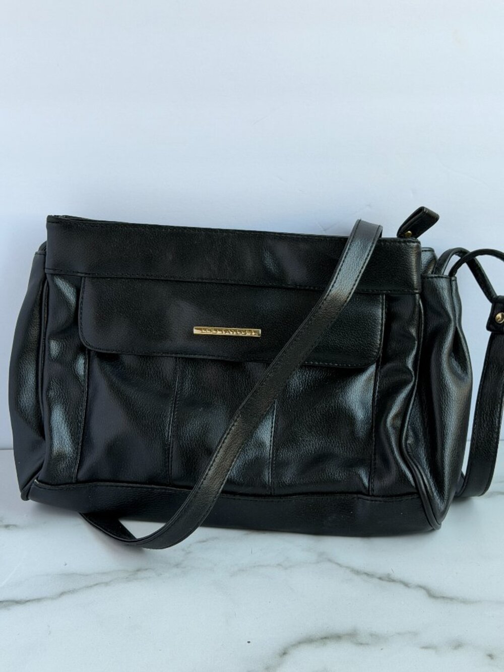Lou Taylor Black Faux Leather Organizer Shoulder Bag Pockets